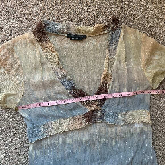 Y2K fairy silk babydoll top, BCBGMAXAZRIA, fall whimsical blue/brown/gold, Small - Picture 3 of 6
